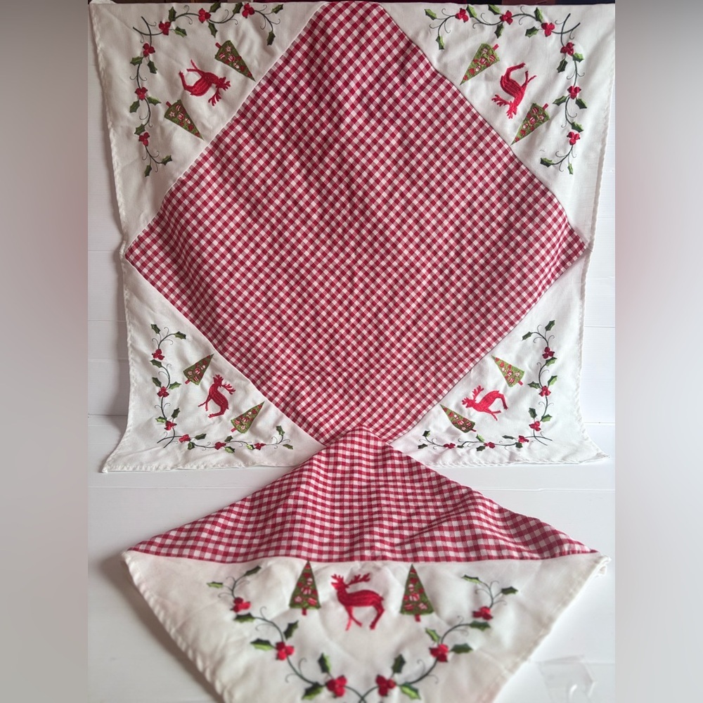 Handmade Embroidered Christmas Table Toppers 32x32 Set of 2